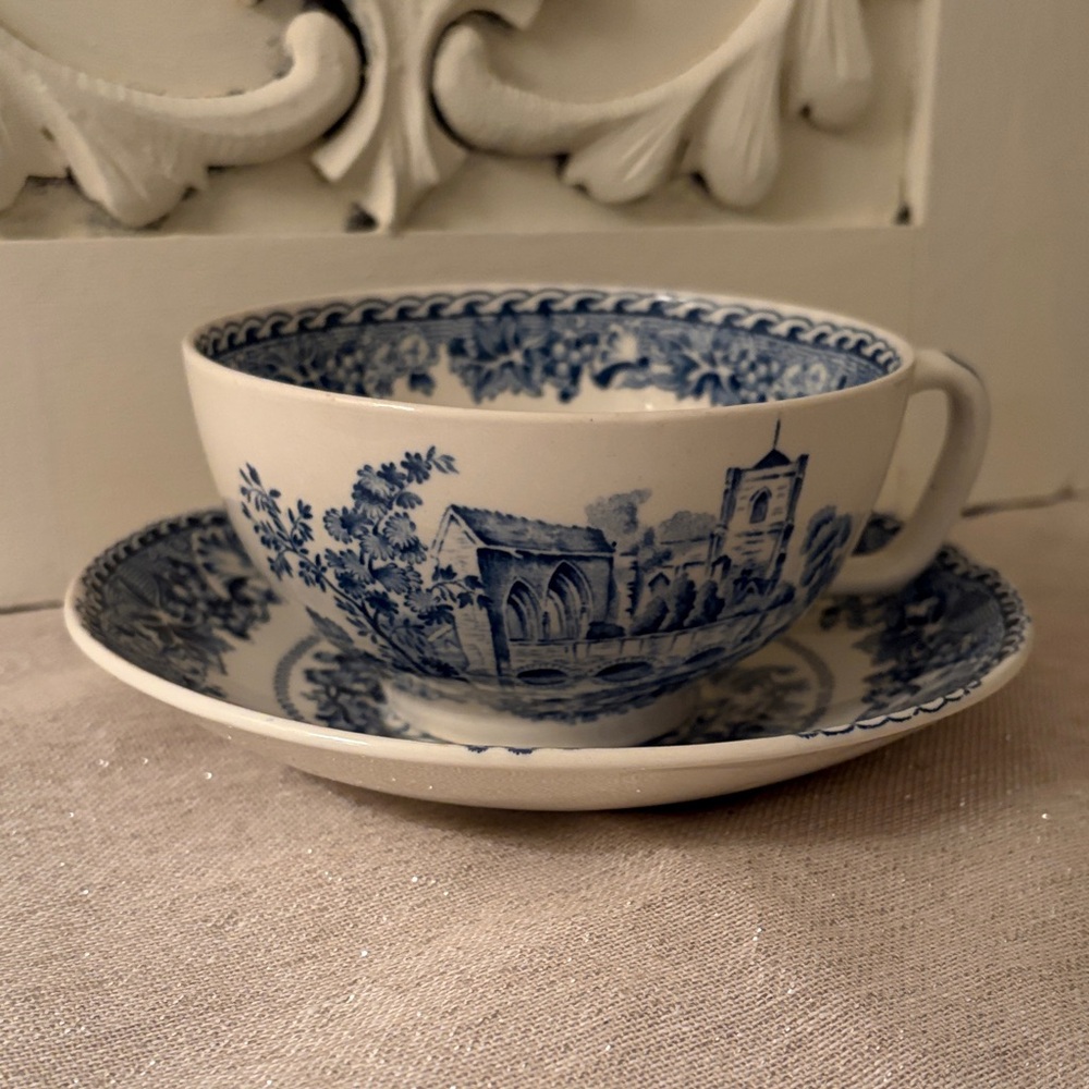 Vintage Ironstone Blue and White Teacup and Saucer Set. Woods Made in England